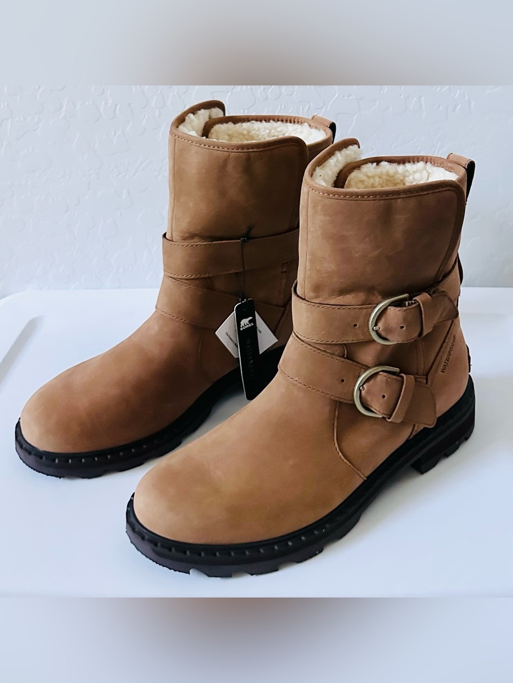 SOREL Women’s Lennox Moto Cozy Waterproof Boots Velvet Tan Leather Shearling 9.5